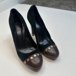 Tory Burch Black Leather Cap Toe Studded Platform Pumps